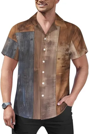 Brown Wood Print Cuban Collar Shirt Classic Design for Comfort and Style
