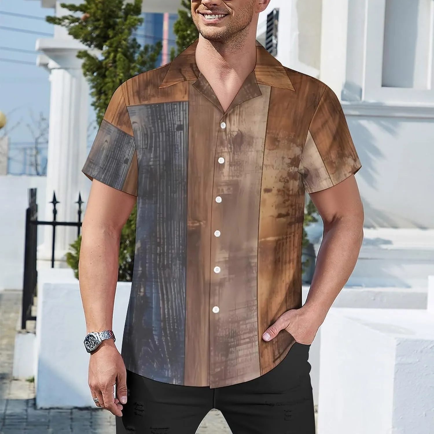 Brown Wood Print Cuban Collar Shirt Classic Design for Comfort and Style
