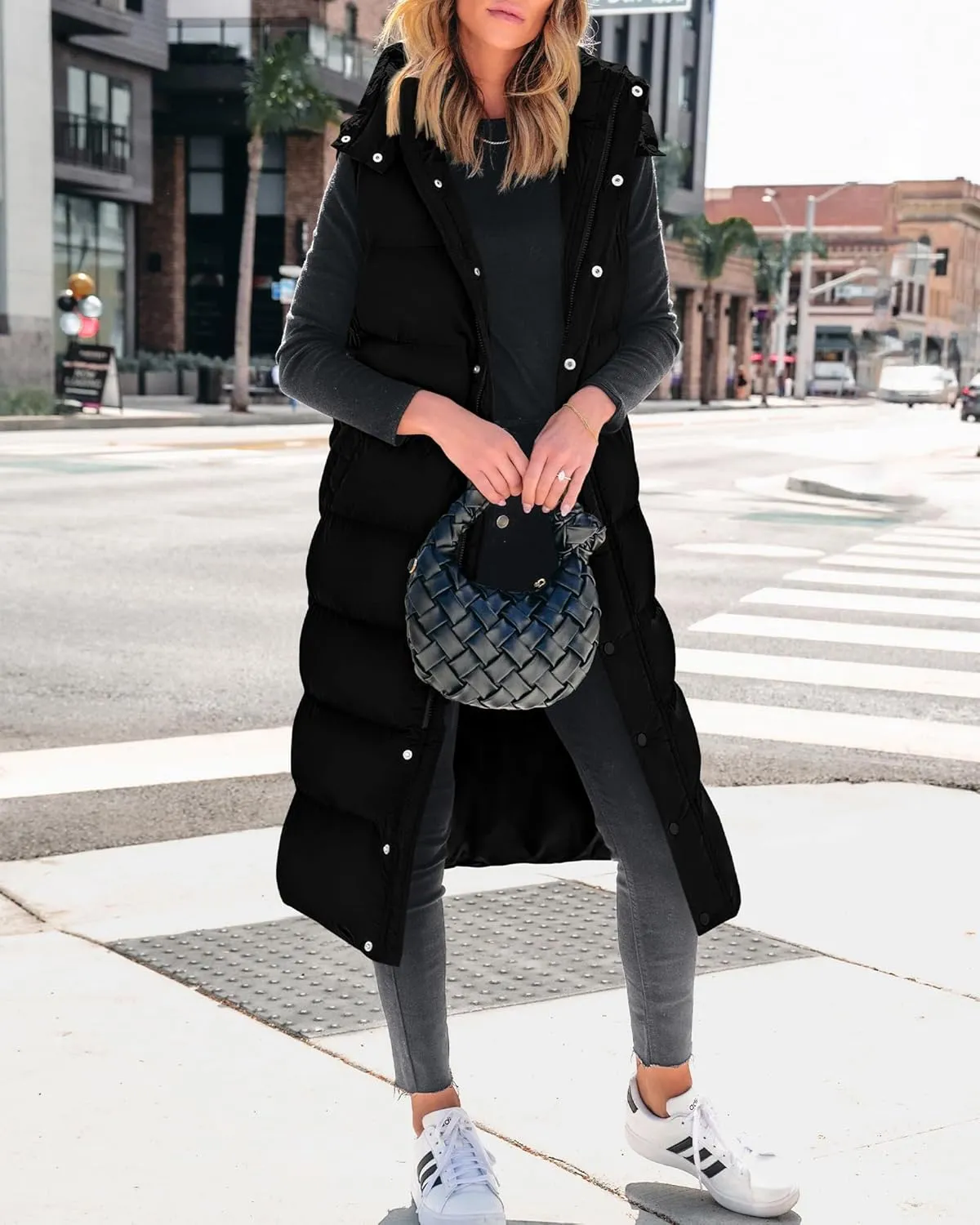 BTFBM Long Puffer Vest Women Quilted Hooded Button Down Zip Up Sleeveless Vests Outerwear Padded Jacket Fall Winter Coat