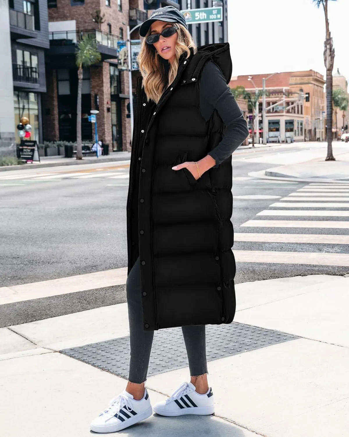 BTFBM Long Puffer Vest Women Quilted Hooded Button Down Zip Up Sleeveless Vests Outerwear Padded Jacket Fall Winter Coat