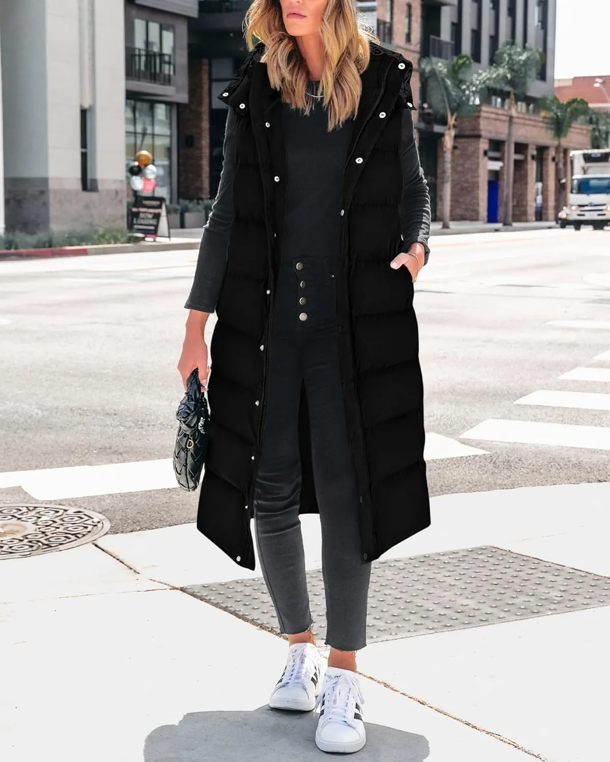 BTFBM Long Puffer Vest Women Quilted Hooded Button Down Zip Up Sleeveless Vests Outerwear Padded Jacket Fall Winter Coat