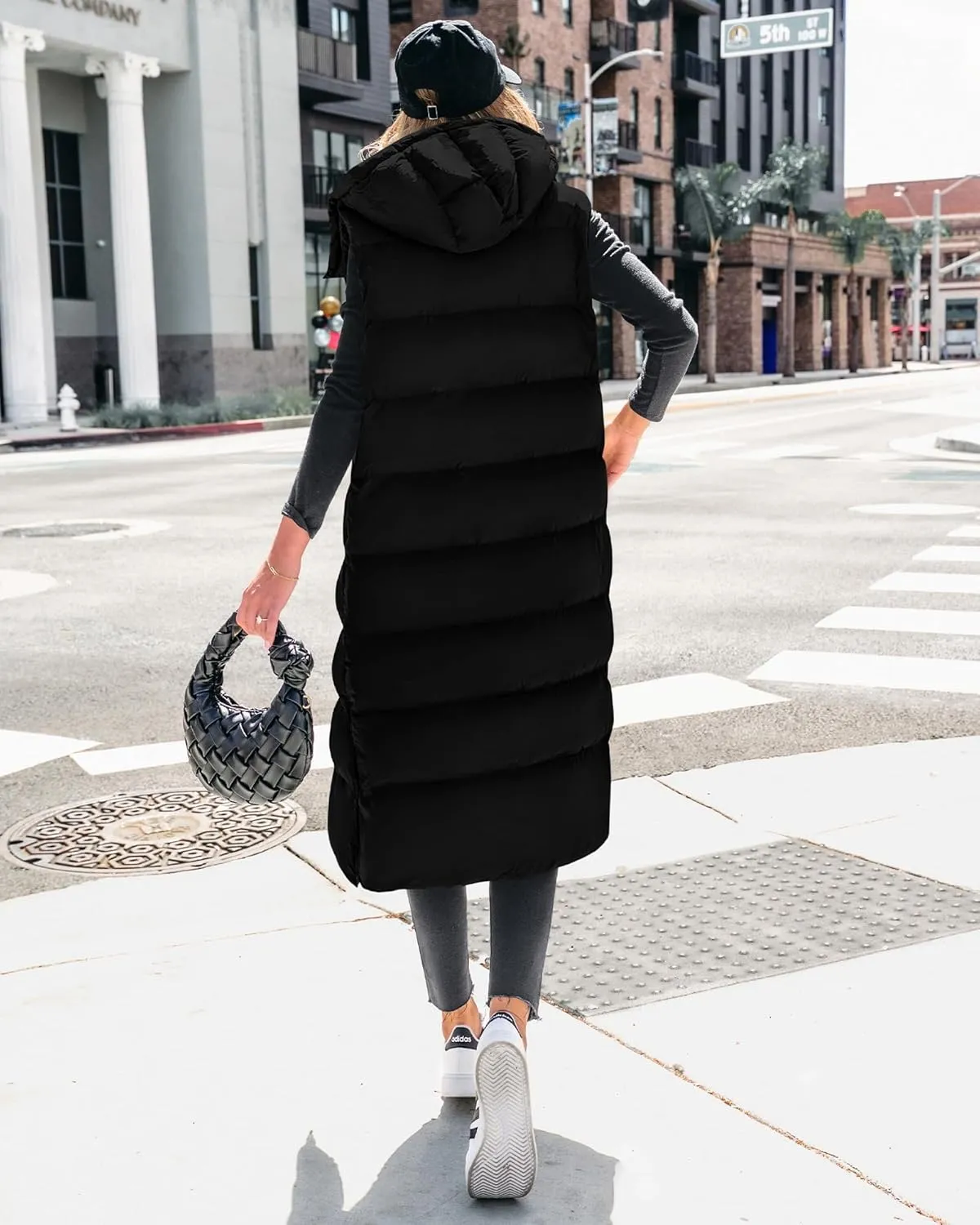 BTFBM Long Puffer Vest Women Quilted Hooded Button Down Zip Up Sleeveless Vests Outerwear Padded Jacket Fall Winter Coat