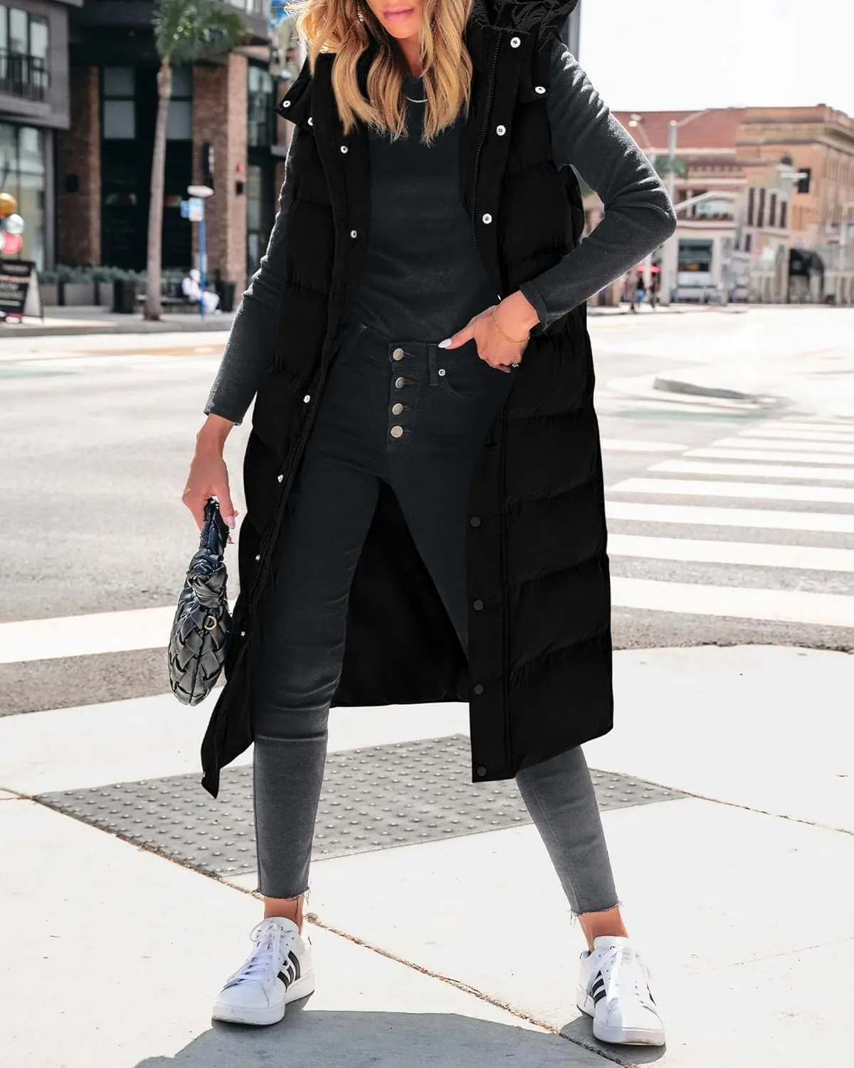 BTFBM Long Puffer Vest Women Quilted Hooded Button Down Zip Up Sleeveless Vests Outerwear Padded Jacket Fall Winter Coat
