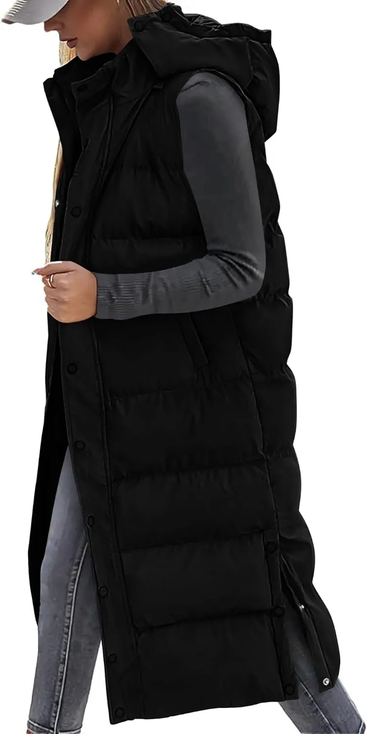 BTFBM Long Puffer Vest Women Quilted Hooded Button Down Zip Up Sleeveless Vests Outerwear Padded Jacket Fall Winter Coat