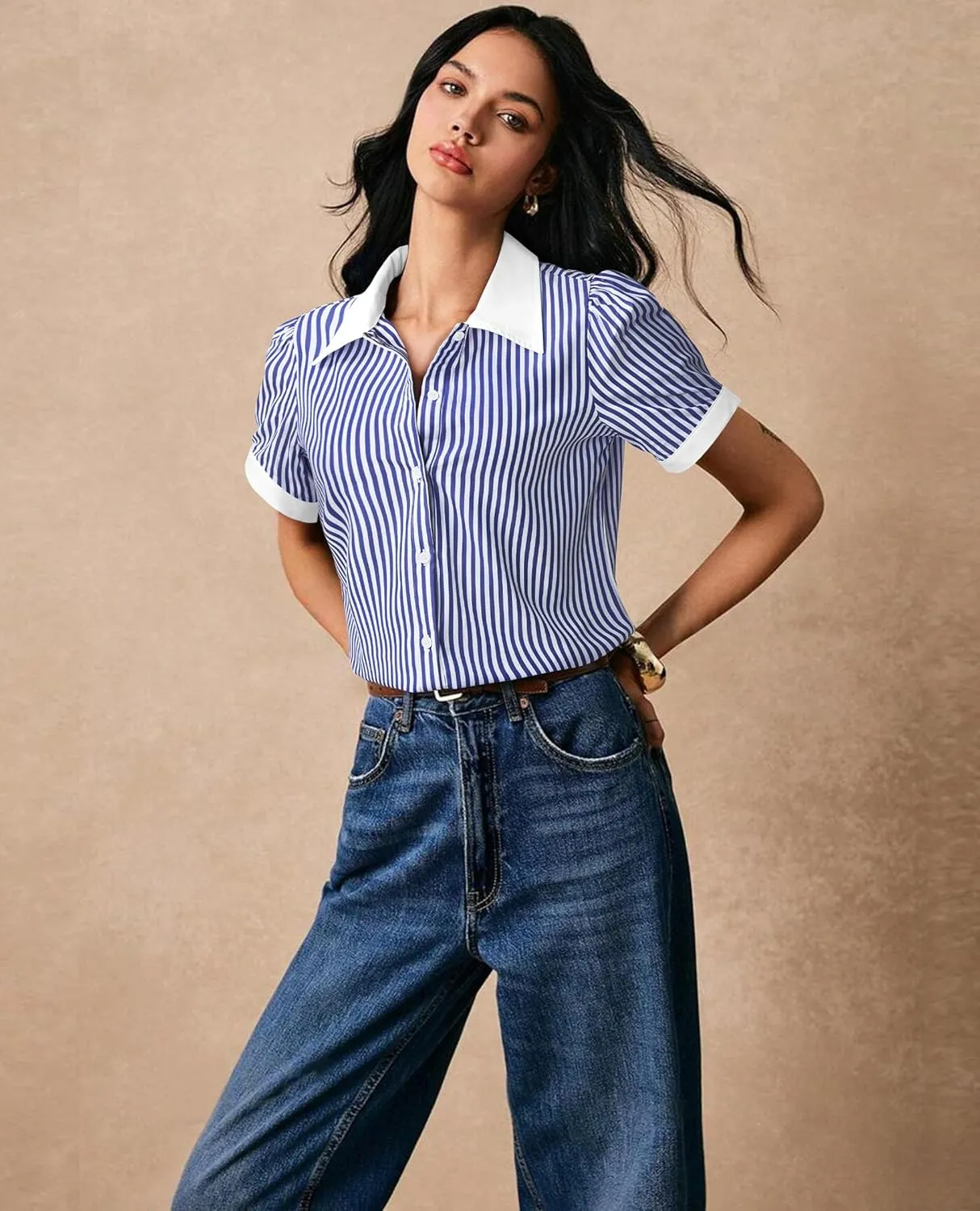 Button Down Shirts for Women Puff Short Sleeve Button Up Dress Shirts Collared Fitted Blouse Work Business Top