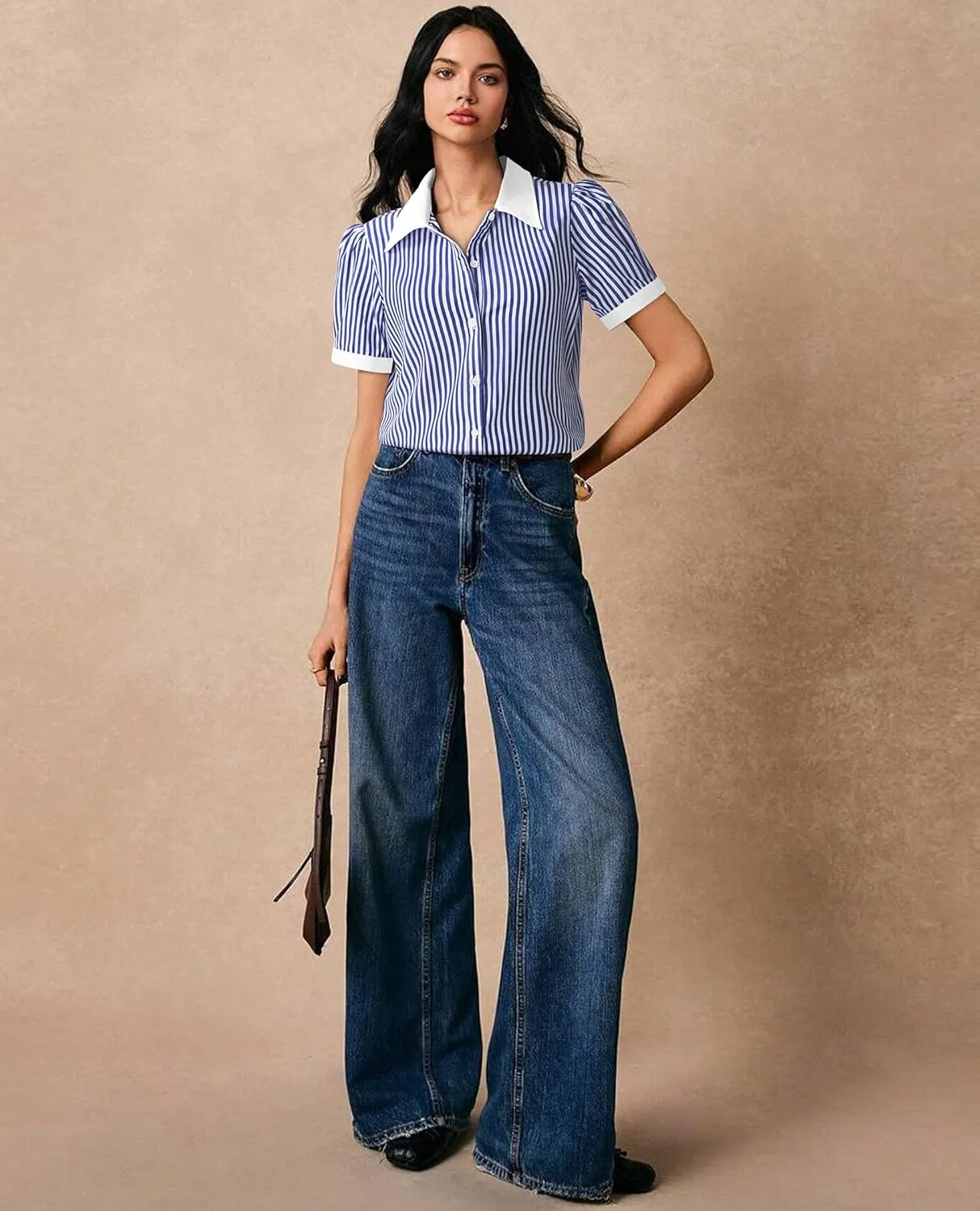 Button Down Shirts for Women Puff Short Sleeve Button Up Dress Shirts Collared Fitted Blouse Work Business Top