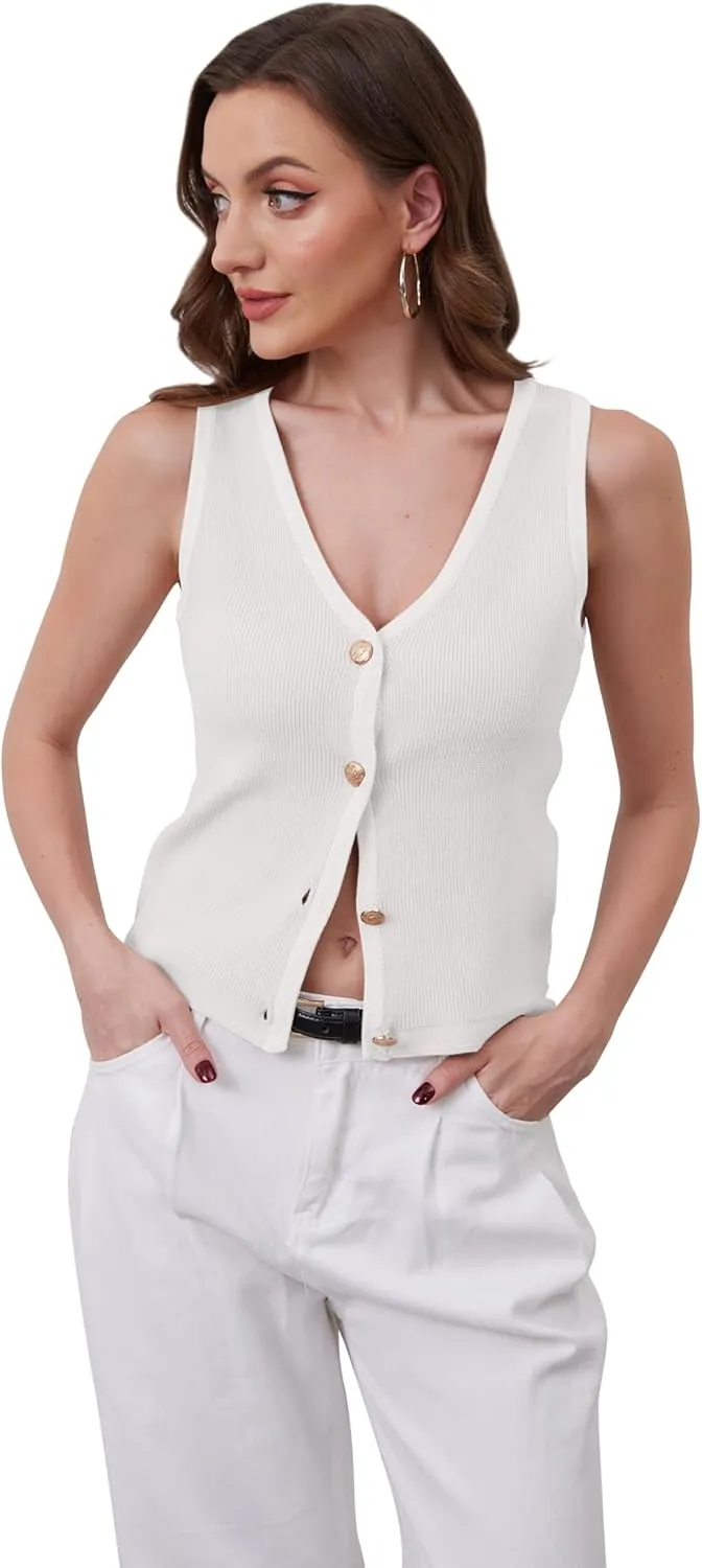 Button Up Sweater Vest for Women 2024 V Neck Sleeveless Tank Tops Cardigan Vests