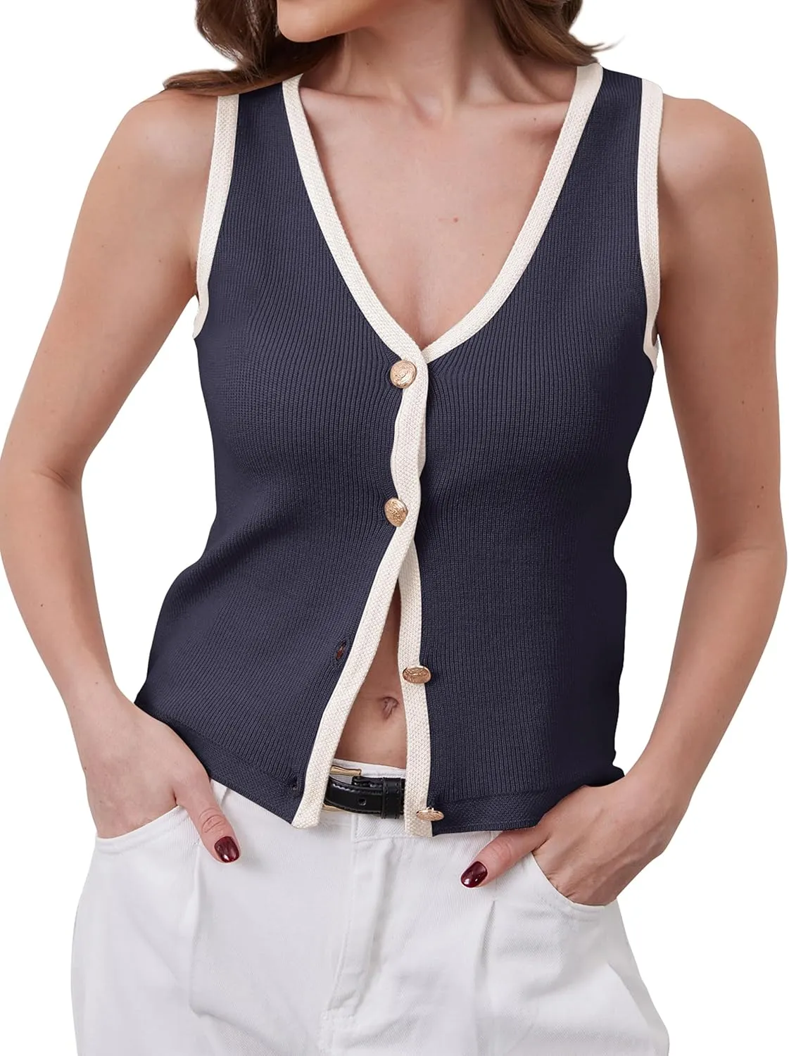 Button Up Sweater Vest for Women 2024 V Neck Sleeveless Tank Tops Cardigan Vests