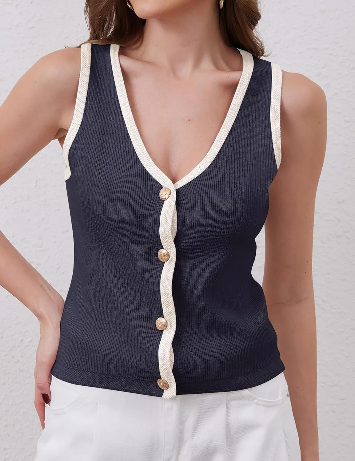 Button Up Sweater Vest for Women 2024 V Neck Sleeveless Tank Tops Cardigan Vests
