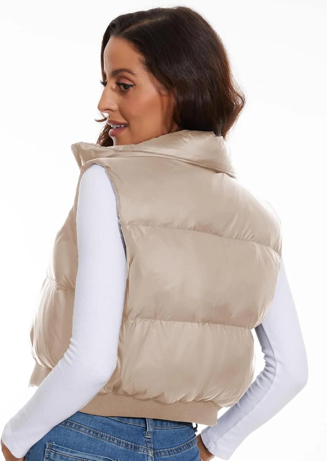 ELFJOY Cropped Puffer Vest for Women Down Crop Puffer Jacket Stand Collar Lightweight Winter Warm Puffy Vests Padded Gilet