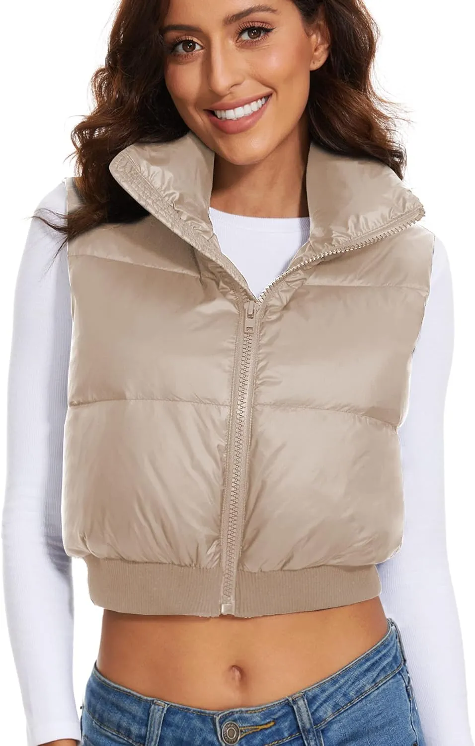 ELFJOY Cropped Puffer Vest for Women Down Crop Puffer Jacket Stand Collar Lightweight Winter Warm Puffy Vests Padded Gilet