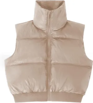 ELFJOY Cropped Puffer Vest for Women Down Crop Puffer Jacket Stand Collar Lightweight Winter Warm Puffy Vests Padded Gilet