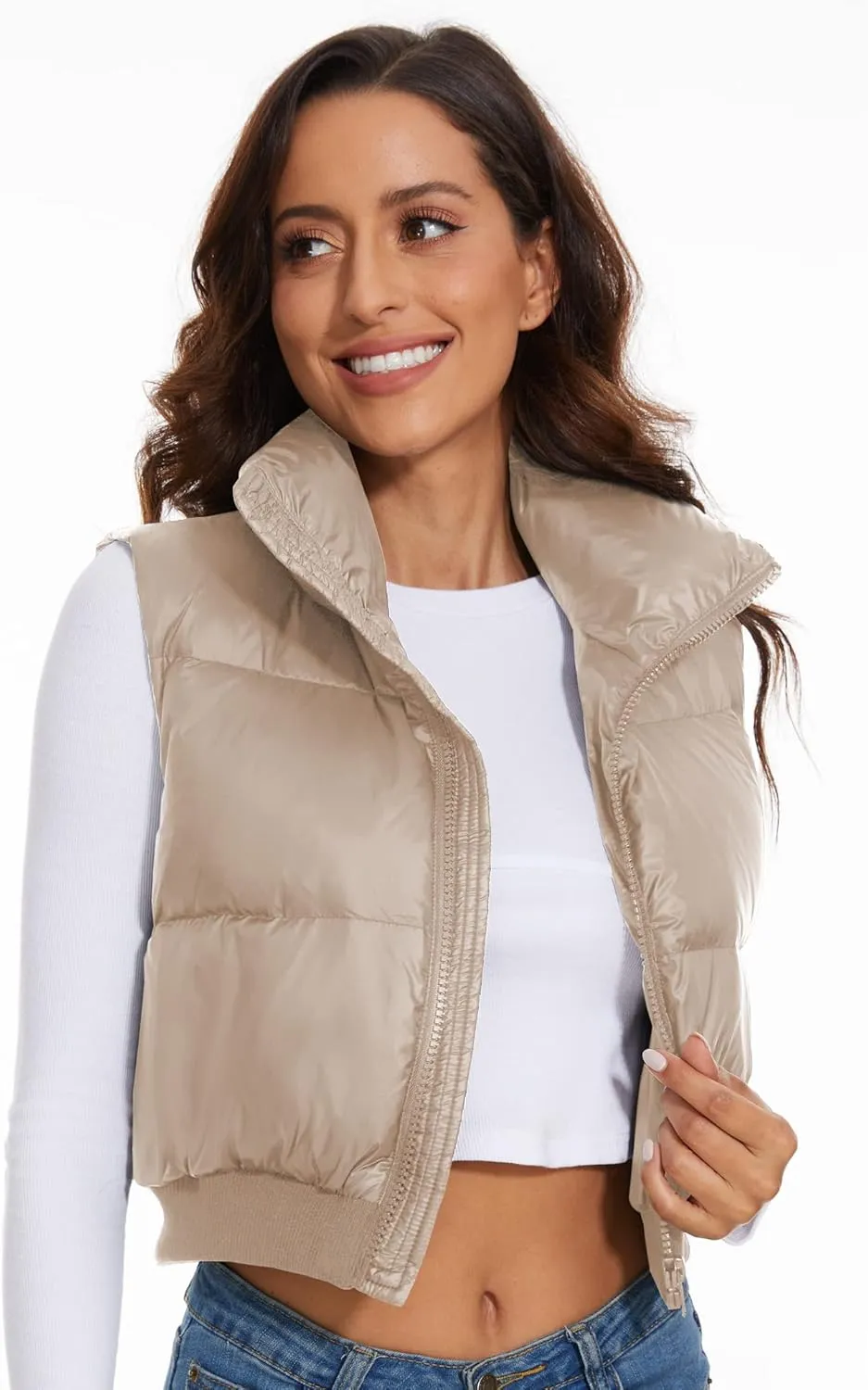 ELFJOY Cropped Puffer Vest for Women Down Crop Puffer Jacket Stand Collar Lightweight Winter Warm Puffy Vests Padded Gilet