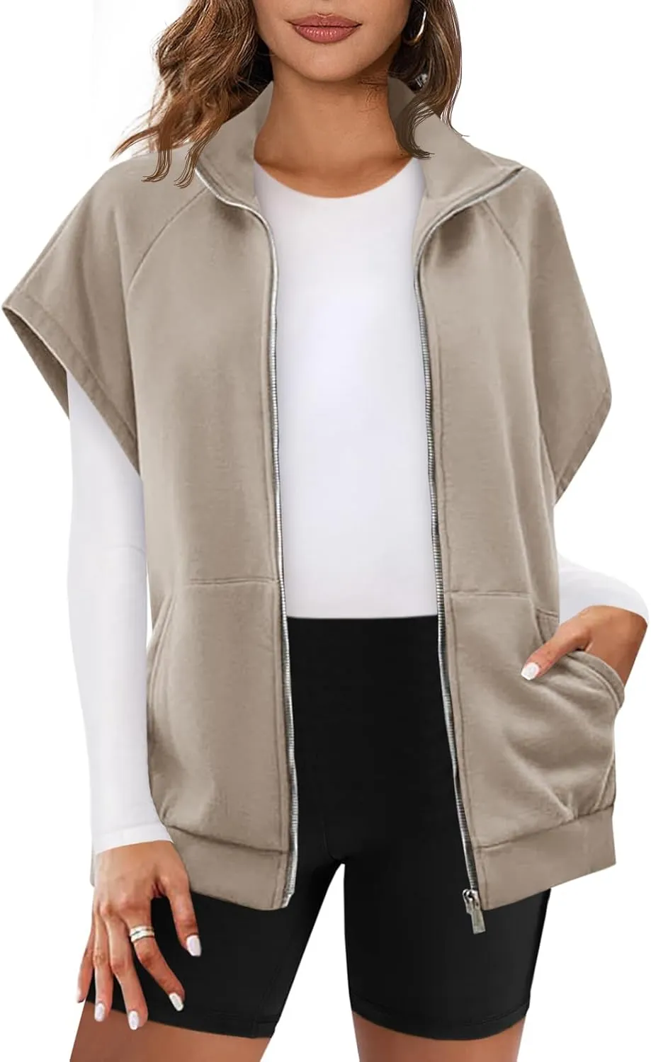 Fisoew Womens Oversized Zip Up Sweatshirts Warm Fleece Vests Fall Casual Sleeveless Jackets with Pockets