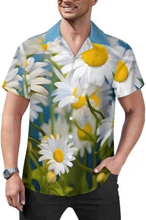 Floral Flowers Daisies Print Cuban Collar Shirt Classic Design for Comfort and Style
