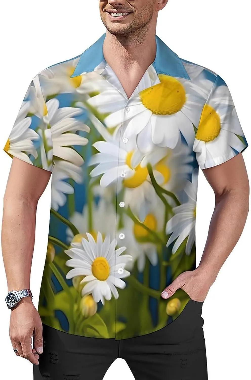 Floral Flowers Daisies Print Cuban Collar Shirt Classic Design for Comfort and Style