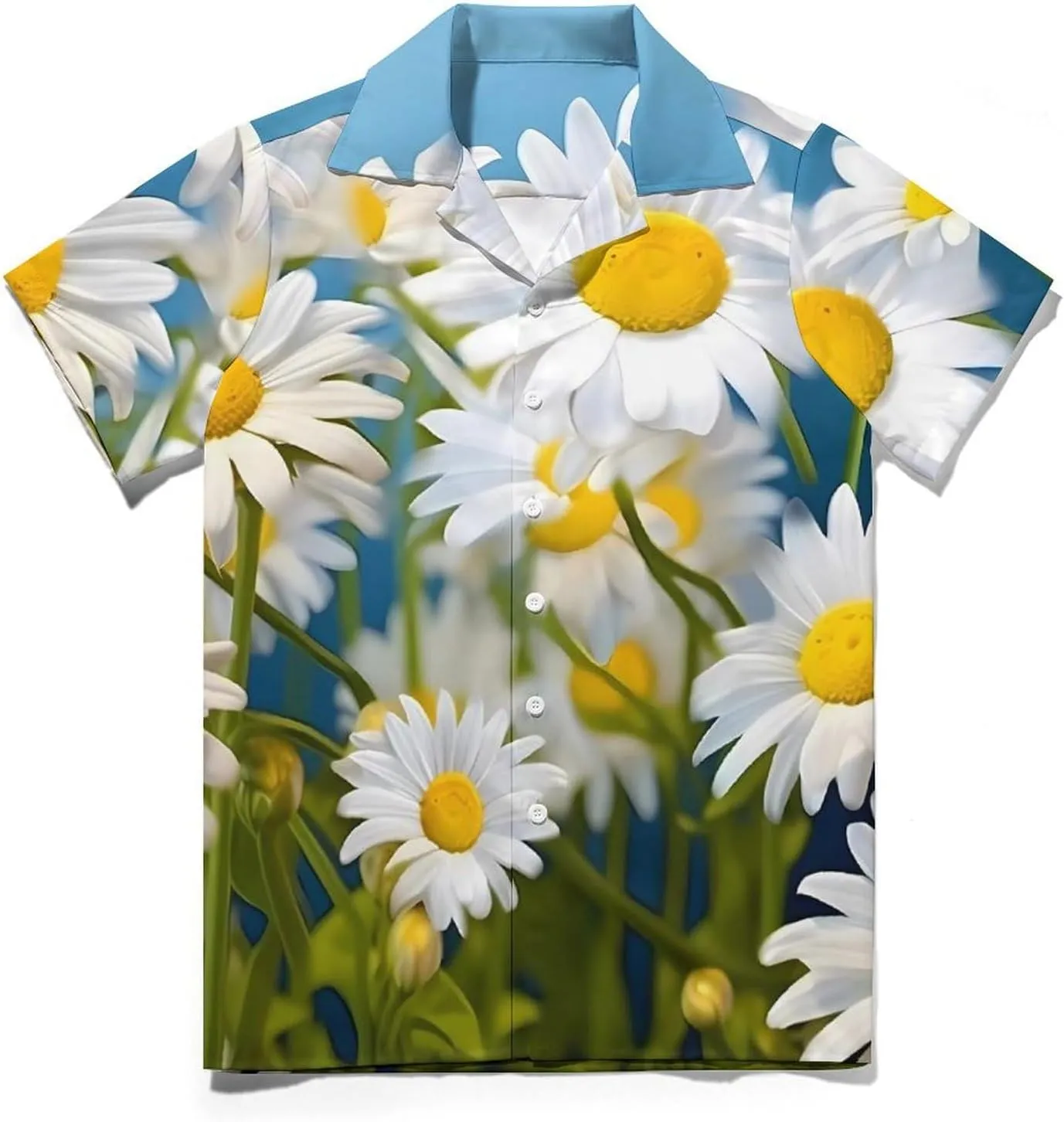 Floral Flowers Daisies Print Cuban Collar Shirt Classic Design for Comfort and Style
