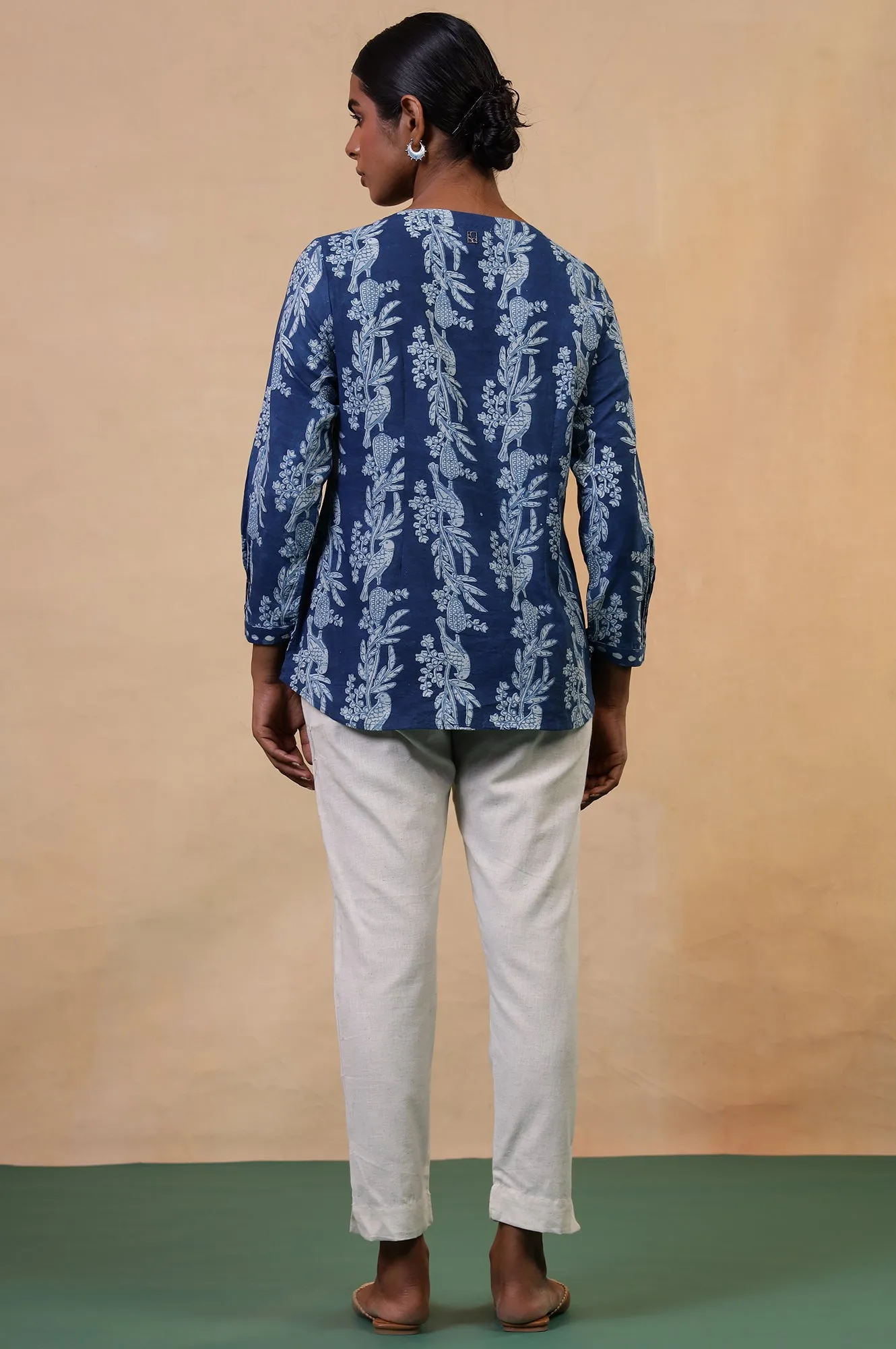 Folksong Indigo Cotton Straight-Fit Tropical Hand Block Printed Top