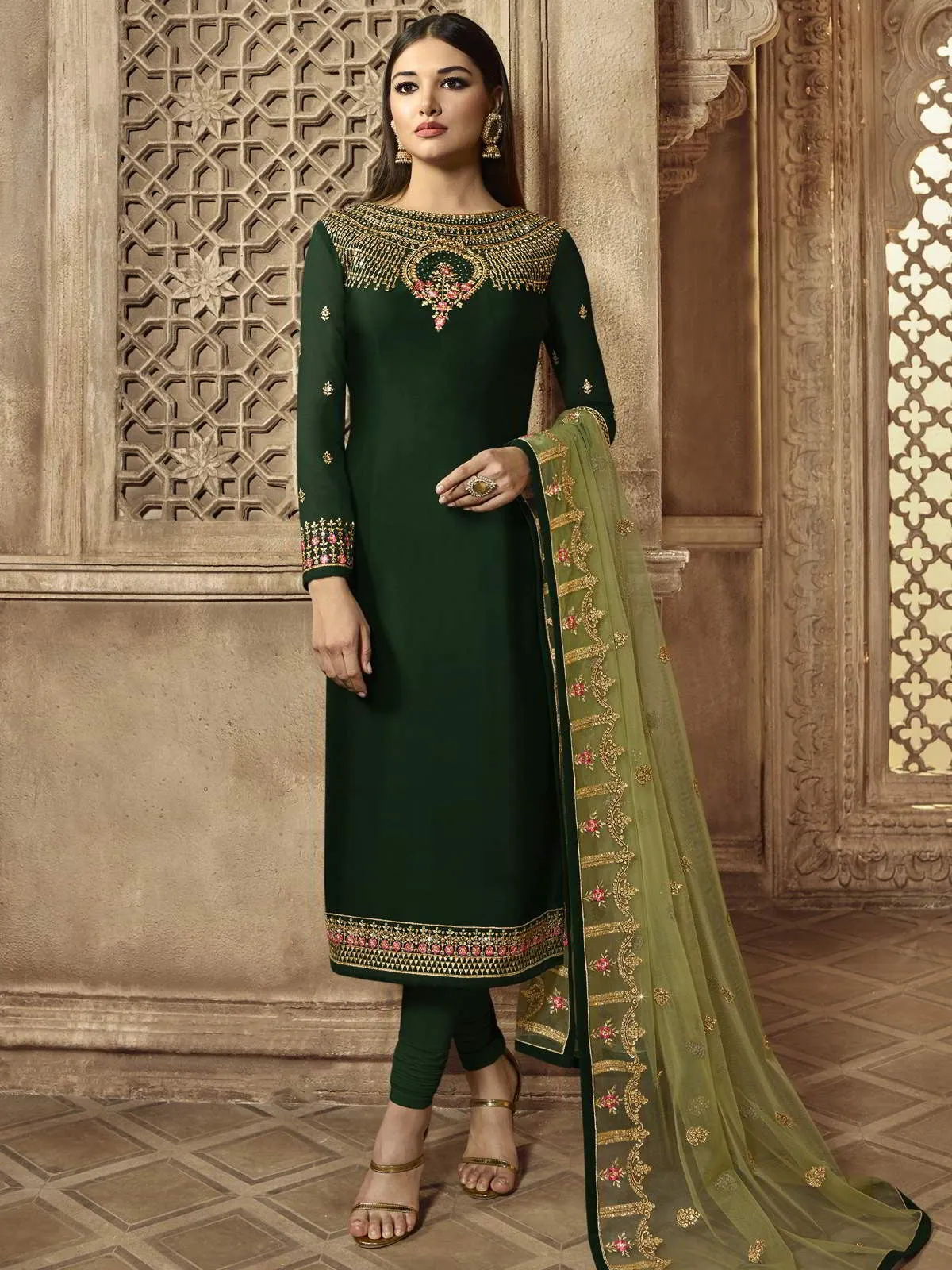 Green Multi Embroidered Wedding Lehenga Kurti Set