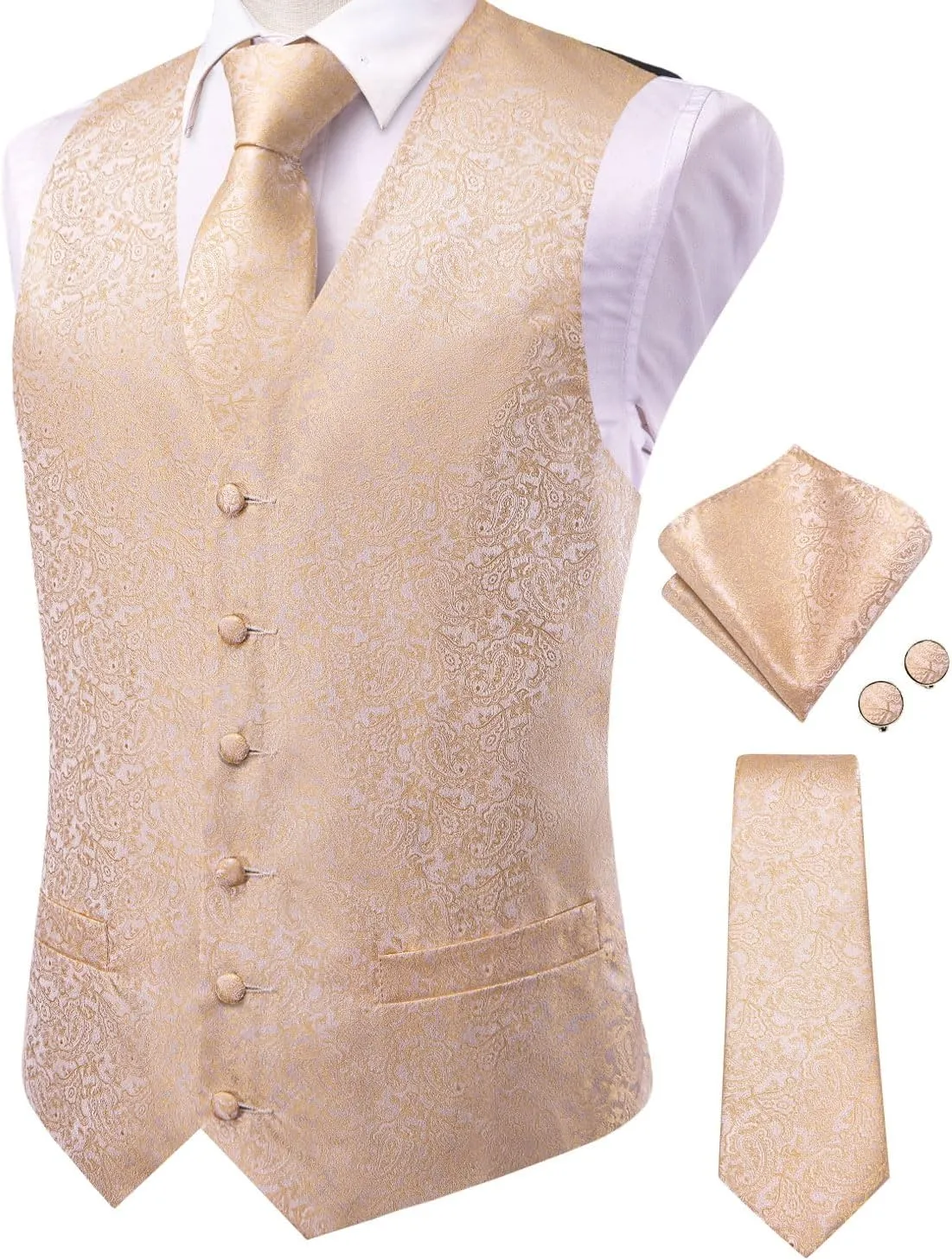 Hi-Tie Mens Suit Vest Tie set Classic Waistcoat and Necktie Handkerchief Cufflinks Suit Wedding Party