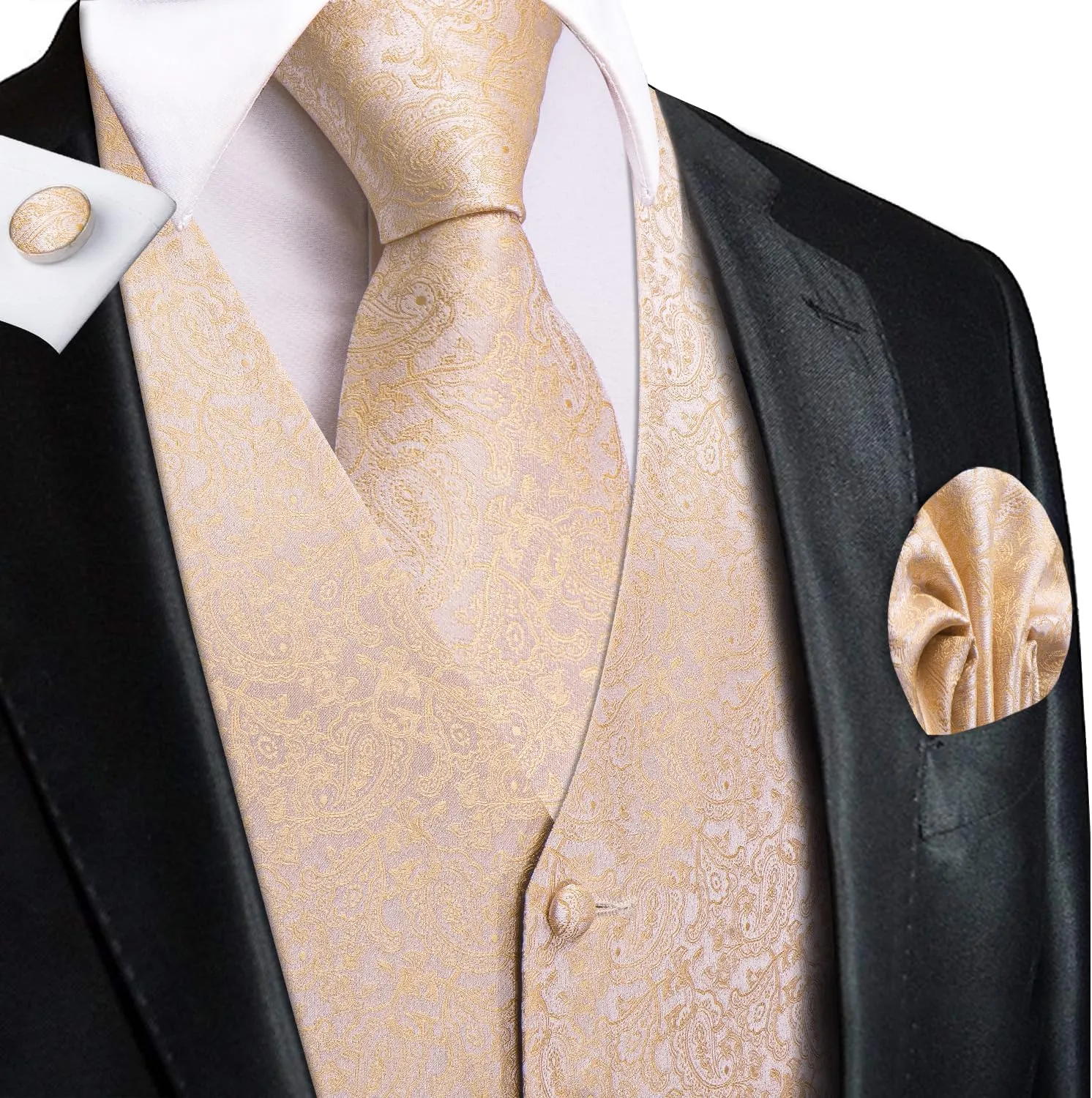 Hi-Tie Mens Suit Vest Tie set Classic Waistcoat and Necktie Handkerchief Cufflinks Suit Wedding Party