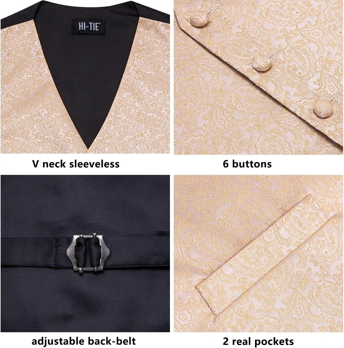 Hi-Tie Mens Suit Vest Tie set Classic Waistcoat and Necktie Handkerchief Cufflinks Suit Wedding Party