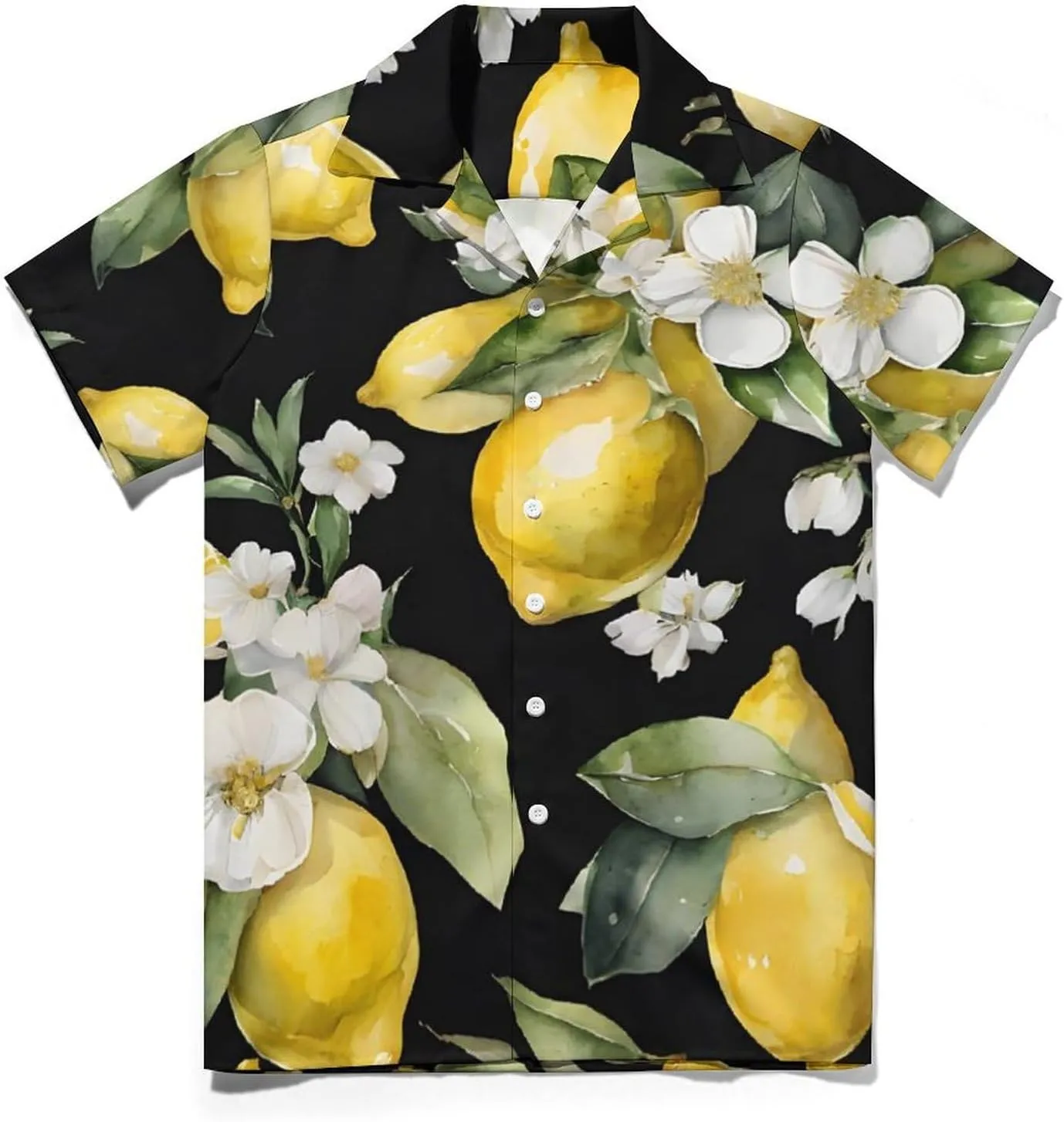 Lemon and Flower Print Cuban Collar Shirt Classic Design for Comfort and Style