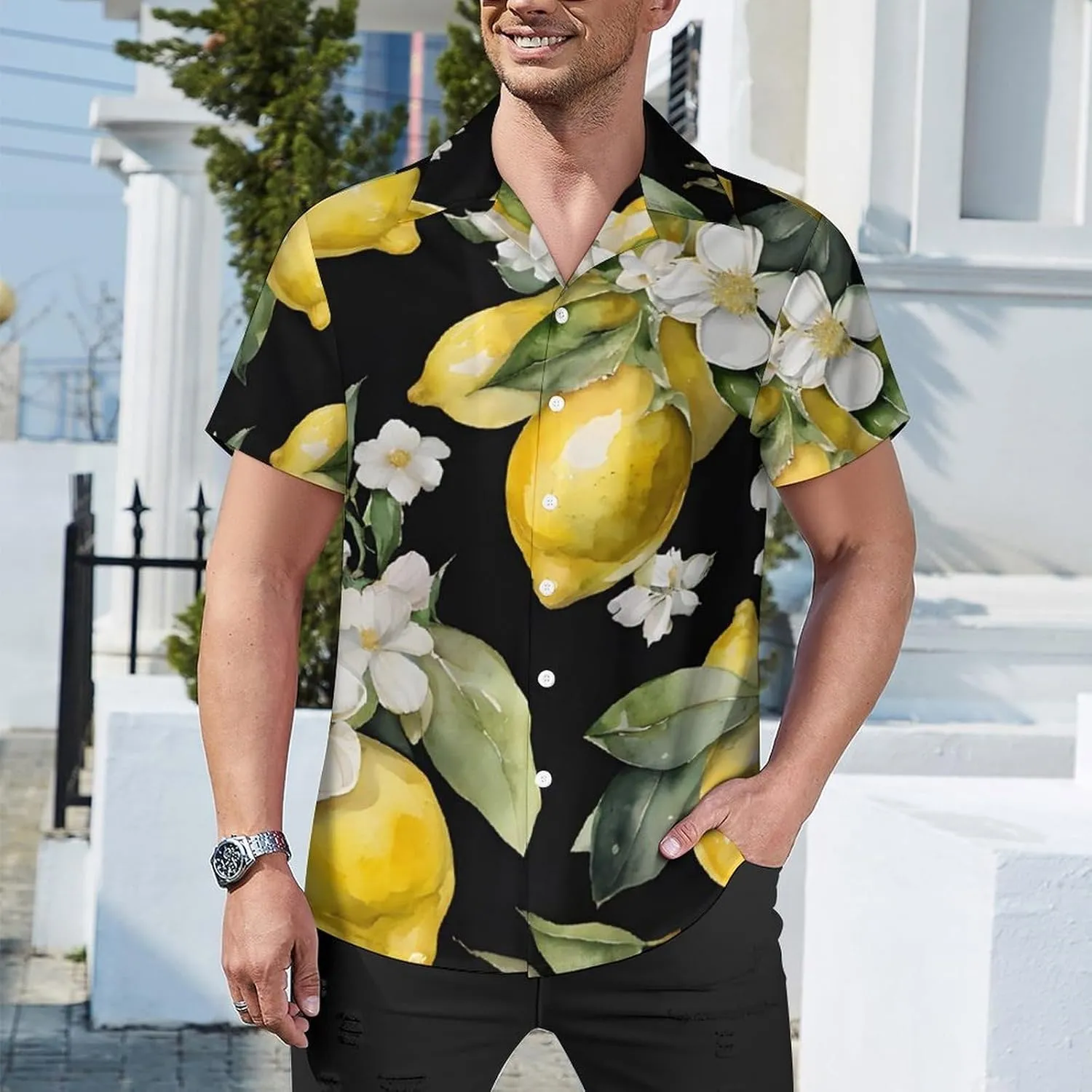 Lemon and Flower Print Cuban Collar Shirt Classic Design for Comfort and Style