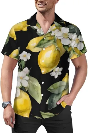 Lemon and Flower Print Cuban Collar Shirt Classic Design for Comfort and Style