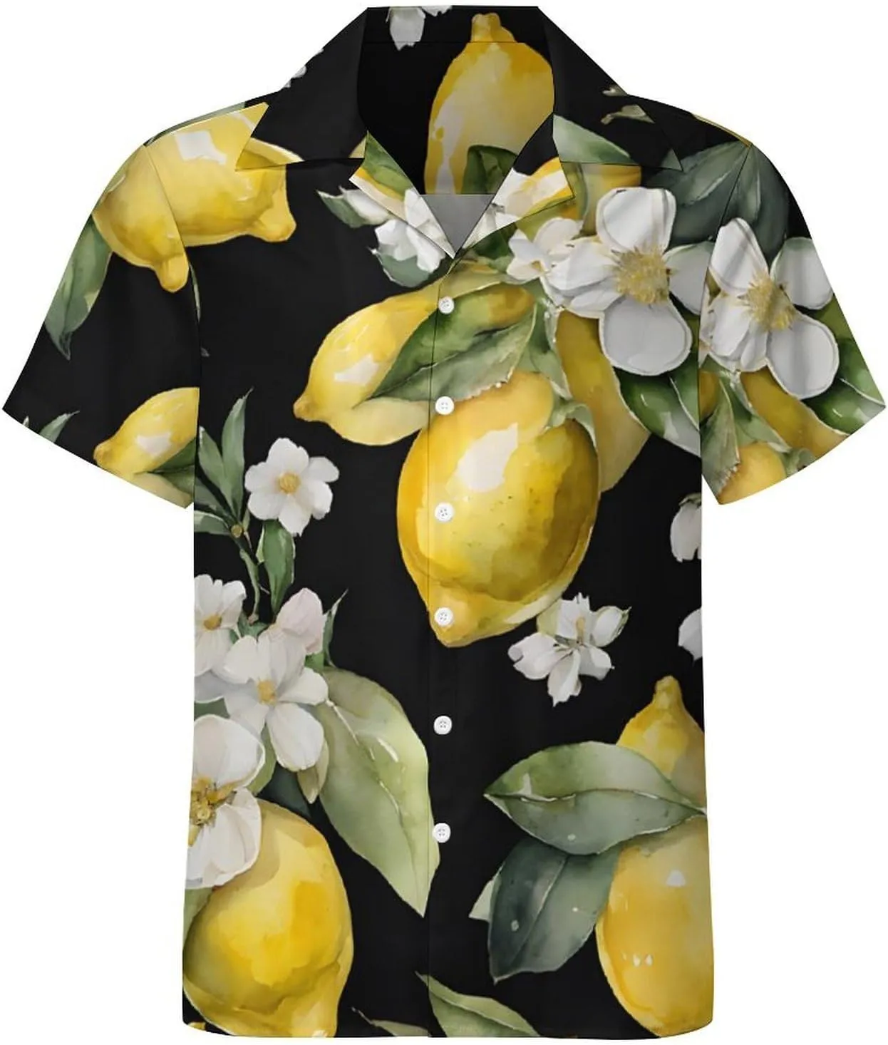 Lemon and Flower Print Cuban Collar Shirt Classic Design for Comfort and Style