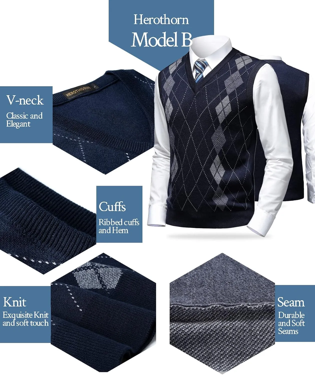 Mens Argyle Sweater Vests Classic V-Neck Sleeveless Pullover Grey Black Knitwear Nice Tank Tops for Dad Husband