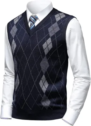 Mens Argyle Sweater Vests Classic V-Neck Sleeveless Pullover Grey Black Knitwear Nice Tank Tops for Dad Husband