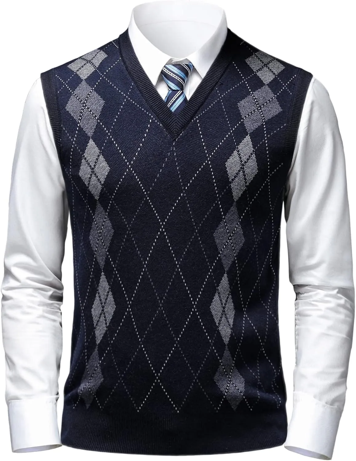 Mens Argyle Sweater Vests Classic V-Neck Sleeveless Pullover Grey Black Knitwear Nice Tank Tops for Dad Husband