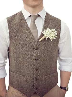 Men's Tweed Vest Herringbone Wool Waistcoat for Wedding Men Vests Formal Groom's Wear Suit Vest