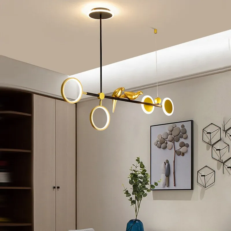 Nordic Light Luxury Golden Ring Bird LED Pendant For Living Room Dining Table and Bar Counter Modern Long Strip Personality Lamp