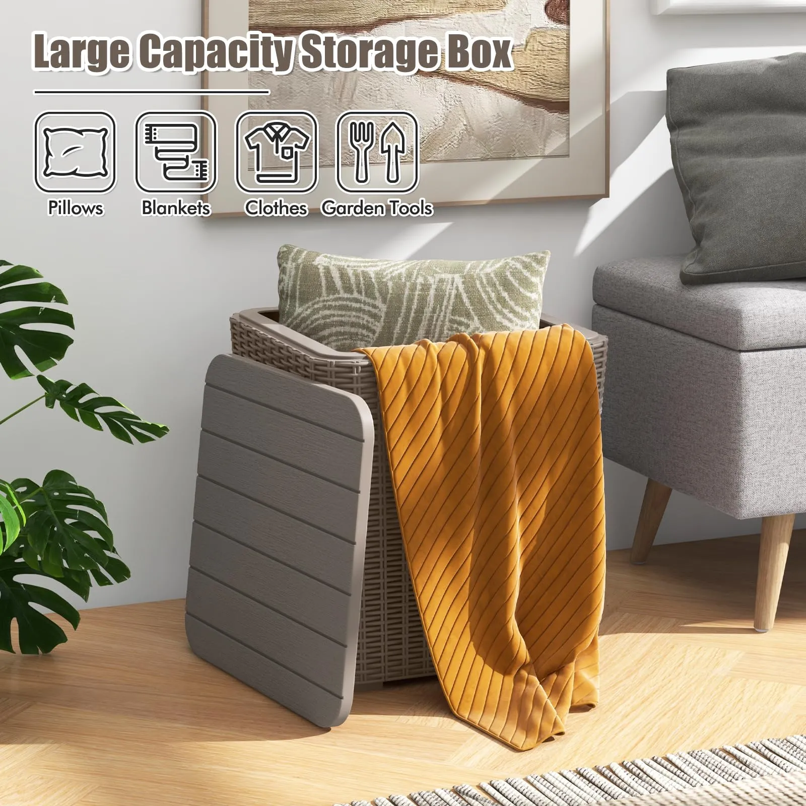 Tangkula 11.5 Gallon Water-proof Deck Box, Outdoo Patio Storage Box w/Removable Lid &, Faux Rattan Storage Container Side Table
