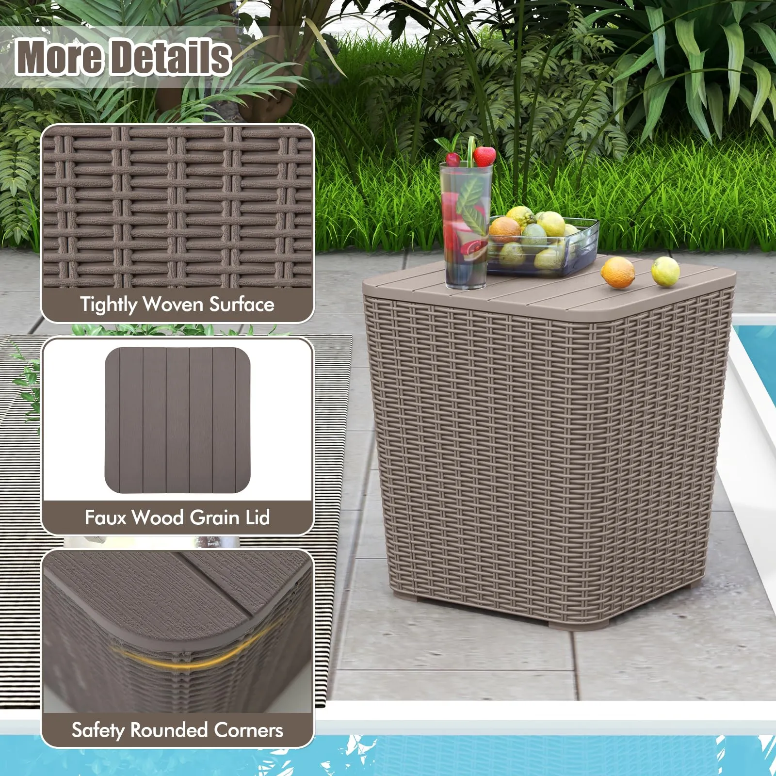 Tangkula 11.5 Gallon Water-proof Deck Box, Outdoo Patio Storage Box w/Removable Lid &, Faux Rattan Storage Container Side Table