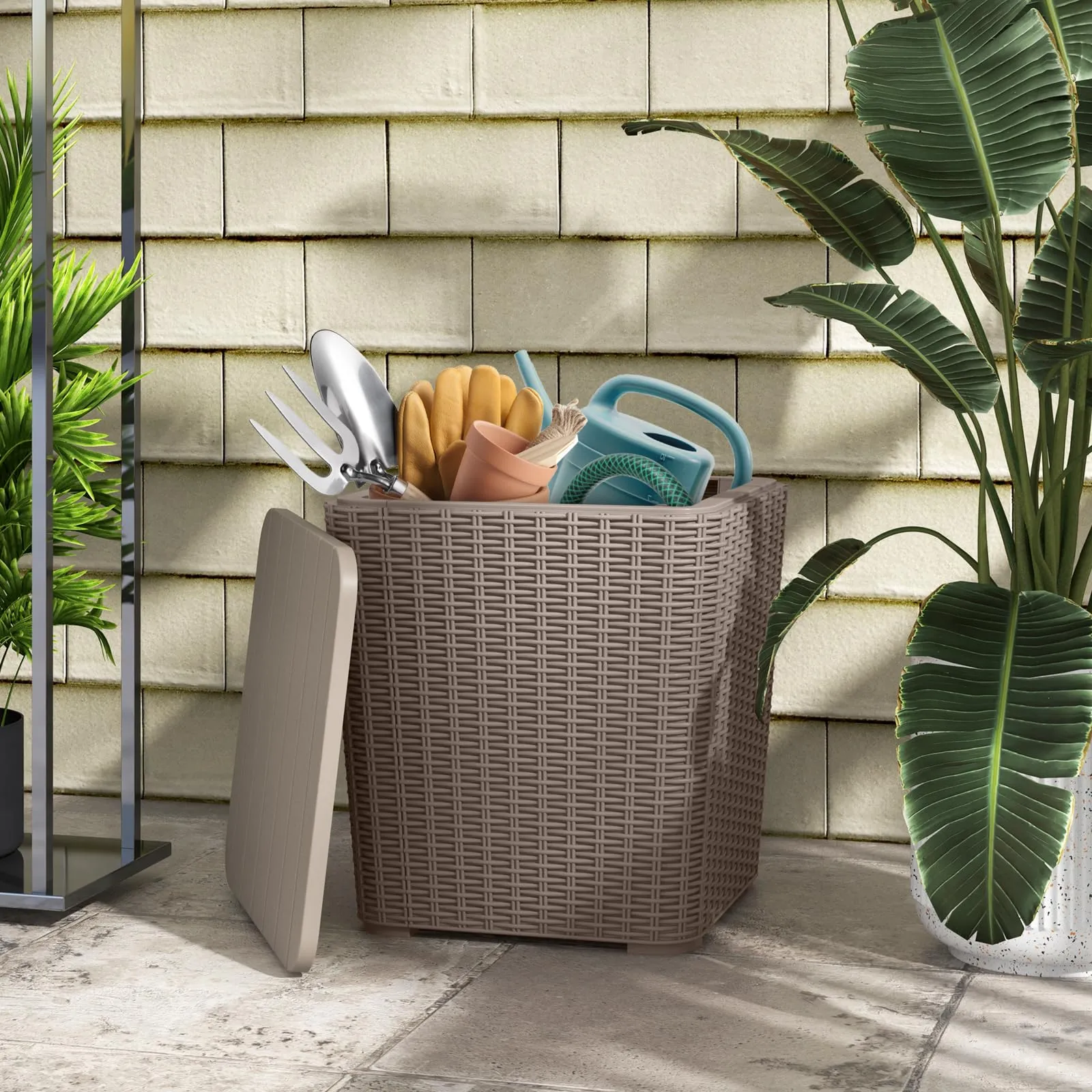 Tangkula 11.5 Gallon Water-proof Deck Box, Outdoo Patio Storage Box w/Removable Lid &, Faux Rattan Storage Container Side Table
