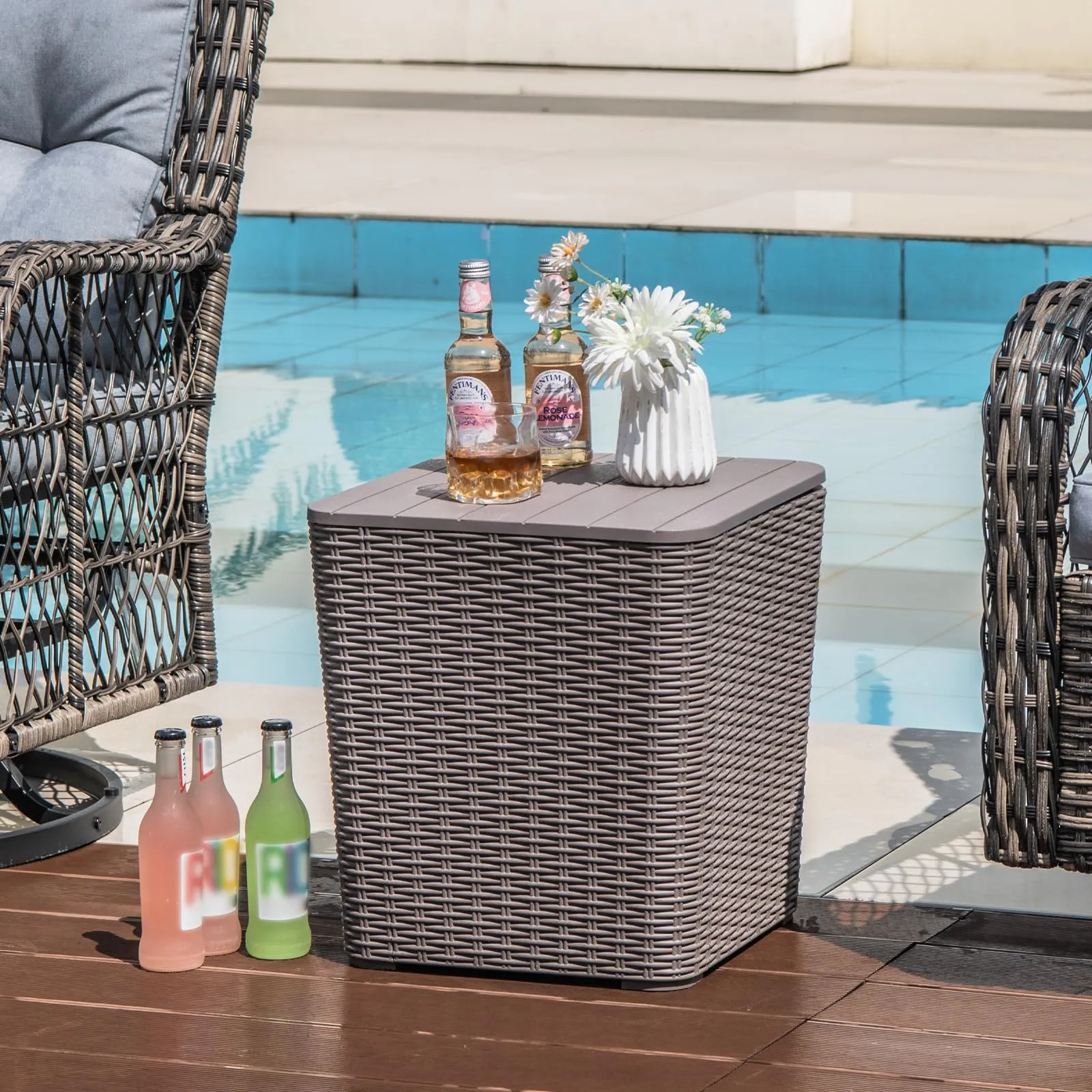 Tangkula 11.5 Gallon Water-proof Deck Box, Outdoo Patio Storage Box w/Removable Lid &, Faux Rattan Storage Container Side Table
