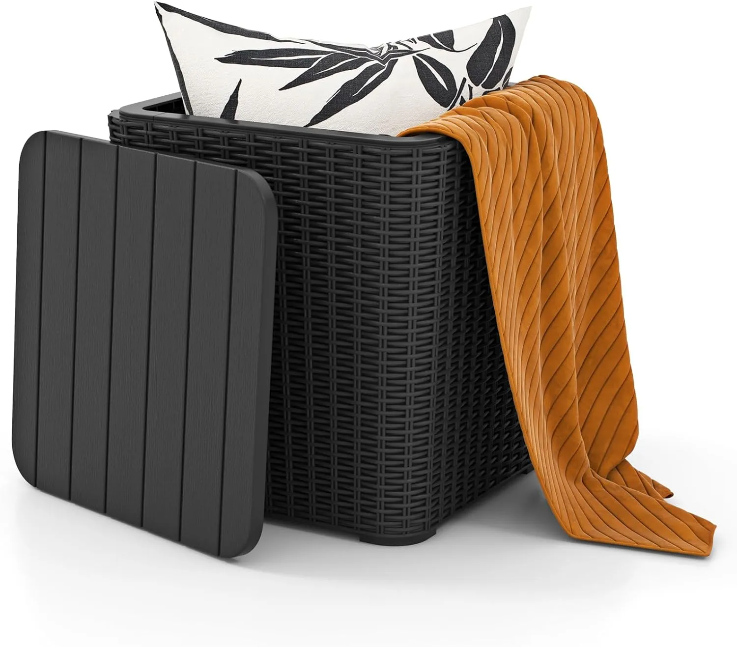 Tangkula 11.5 Gallon Water-proof Deck Box, Outdoo Patio Storage Box w/Removable Lid &, Faux Rattan Storage Container Side Table