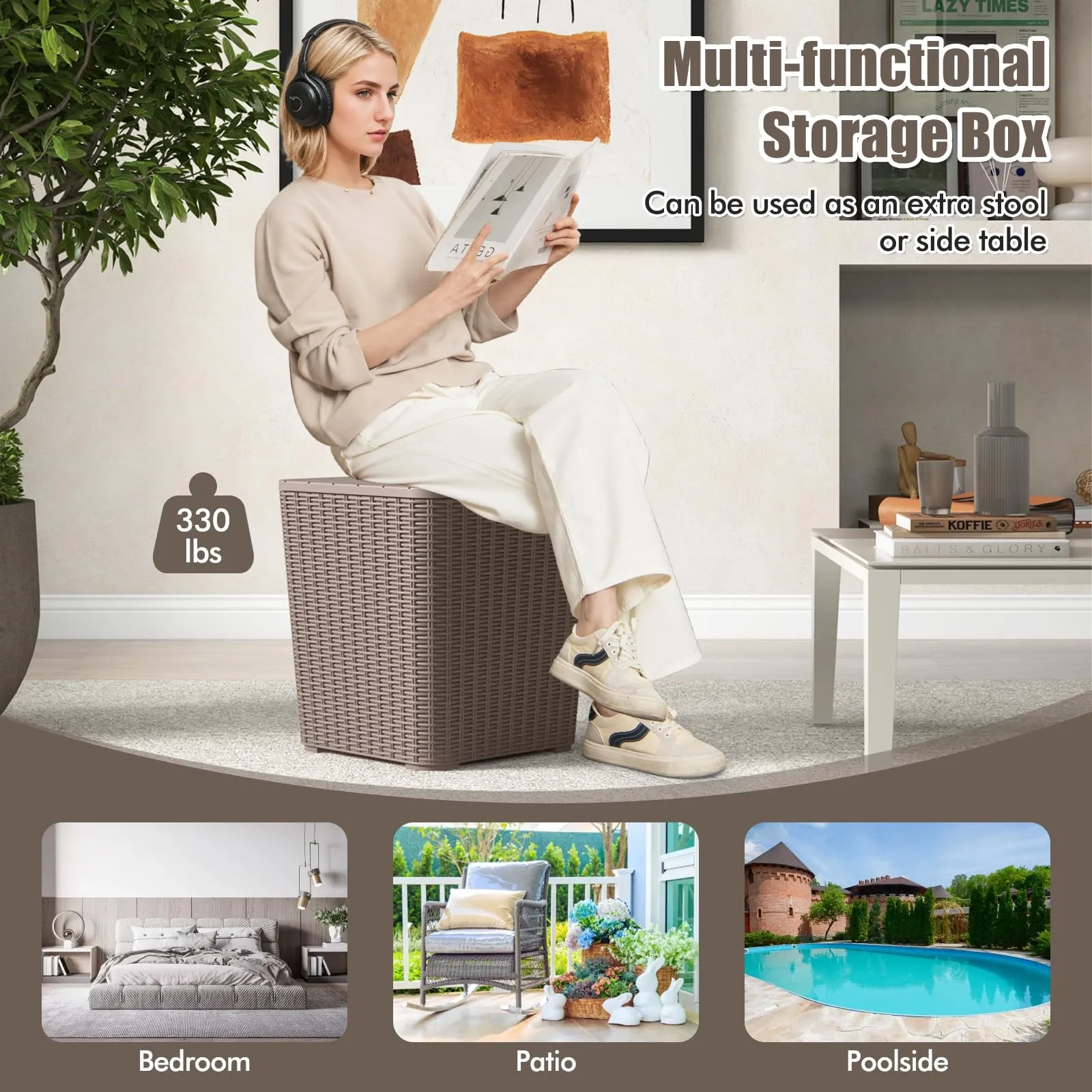 Tangkula 11.5 Gallon Water-proof Deck Box, Outdoo Patio Storage Box w/Removable Lid &, Faux Rattan Storage Container Side Table