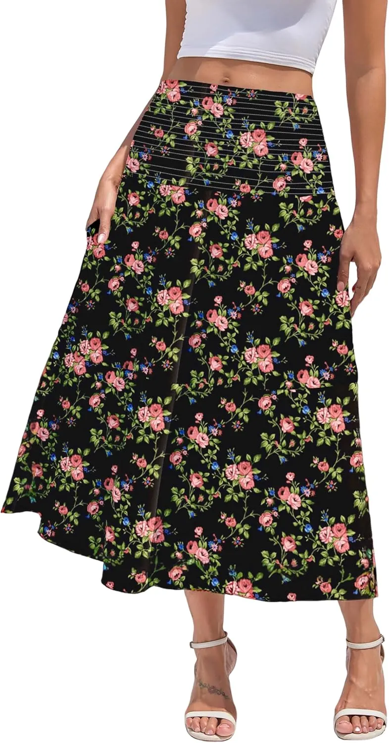 WeciBor Women's Novelty Maxi Skirts with Pockets Midi Long Elastic Waist Flowy A-Line Skirts for Daily Travel Office Party