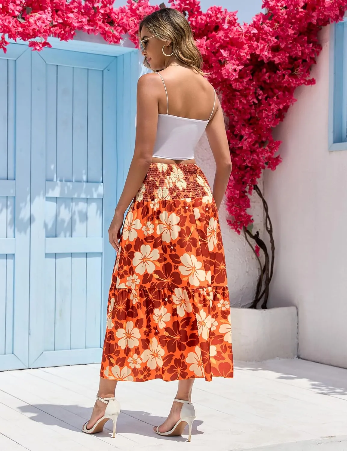 WeciBor Women's Novelty Maxi Skirts with Pockets Midi Long Elastic Waist Flowy A-Line Skirts for Daily Travel Office Party