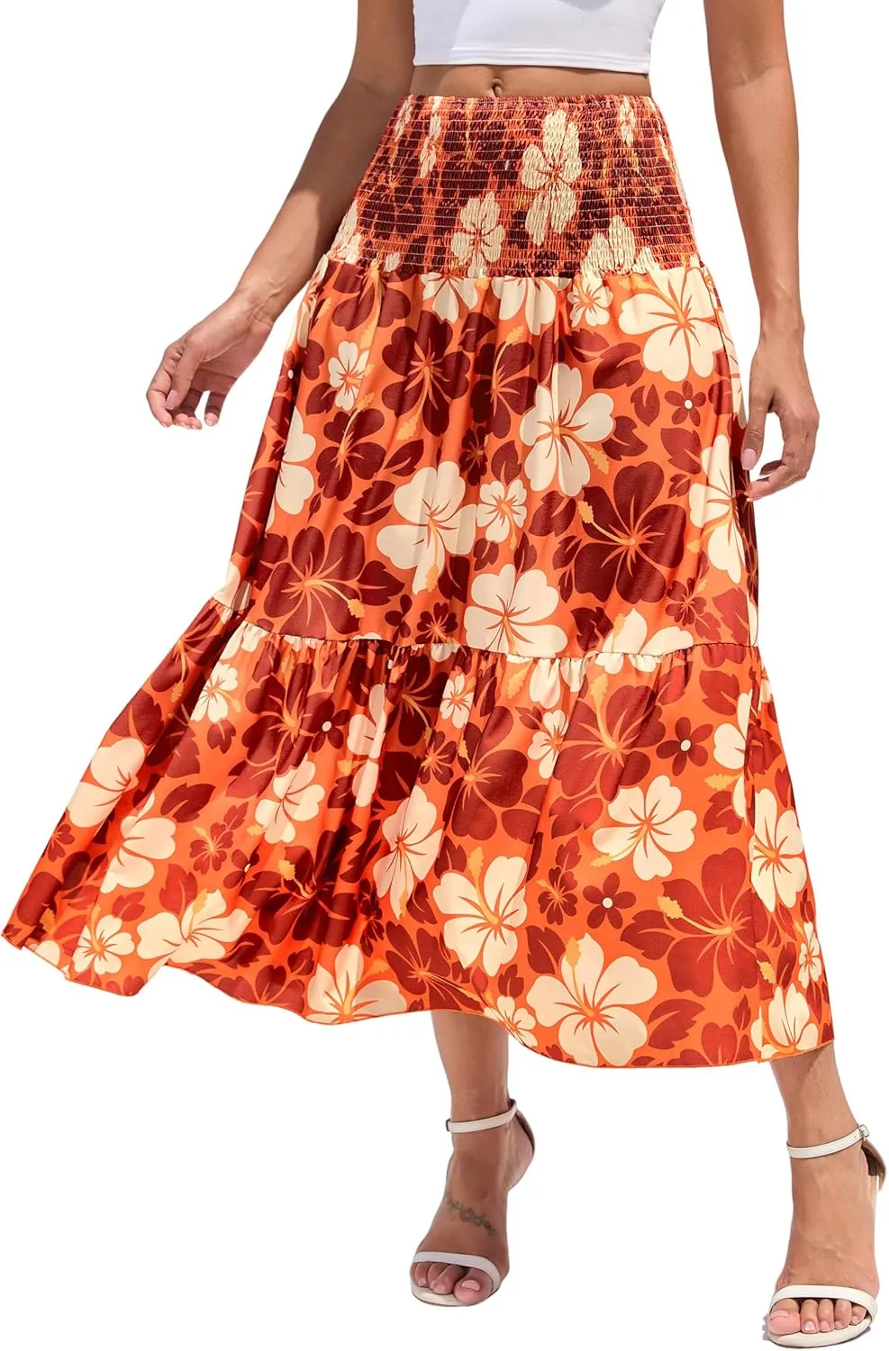 WeciBor Women's Novelty Maxi Skirts with Pockets Midi Long Elastic Waist Flowy A-Line Skirts for Daily Travel Office Party