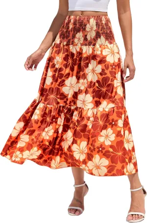 WeciBor Women's Novelty Maxi Skirts with Pockets Midi Long Elastic Waist Flowy A-Line Skirts for Daily Travel Office Party