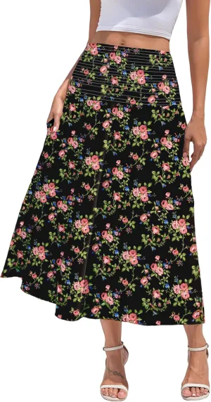 WeciBor Women's Novelty Maxi Skirts with Pockets Midi Long Elastic Waist Flowy A-Line Skirts for Daily Travel Office Party