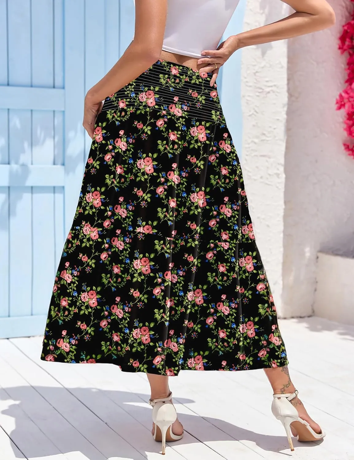 WeciBor Women's Novelty Maxi Skirts with Pockets Midi Long Elastic Waist Flowy A-Line Skirts for Daily Travel Office Party