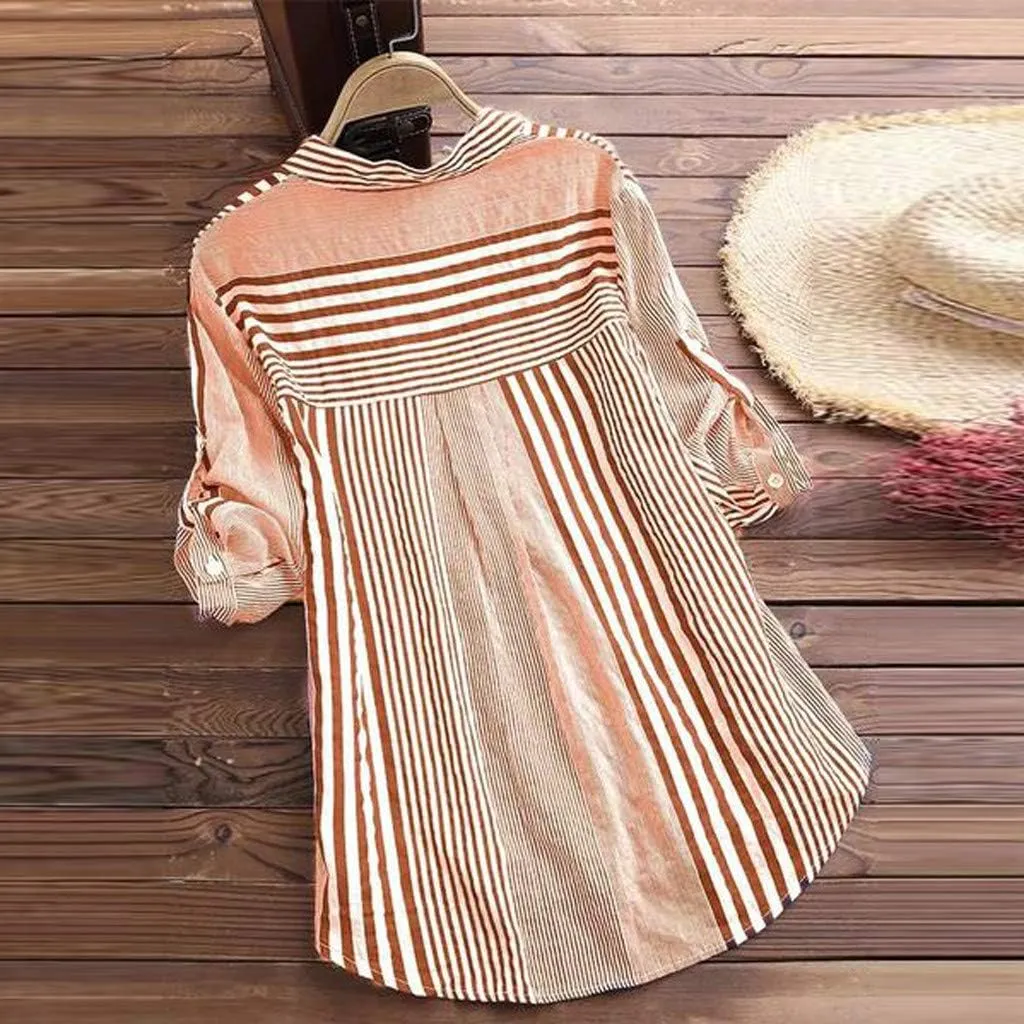 Womens Button Down Shirts Plus Size V Neck Long Sleeve Tunis Dressy Casual Striped Spring Summer Tops Flowy Cover Ups