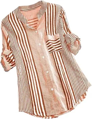 Womens Button Down Shirts Plus Size V Neck Long Sleeve Tunis Dressy Casual Striped Spring Summer Tops Flowy Cover Ups