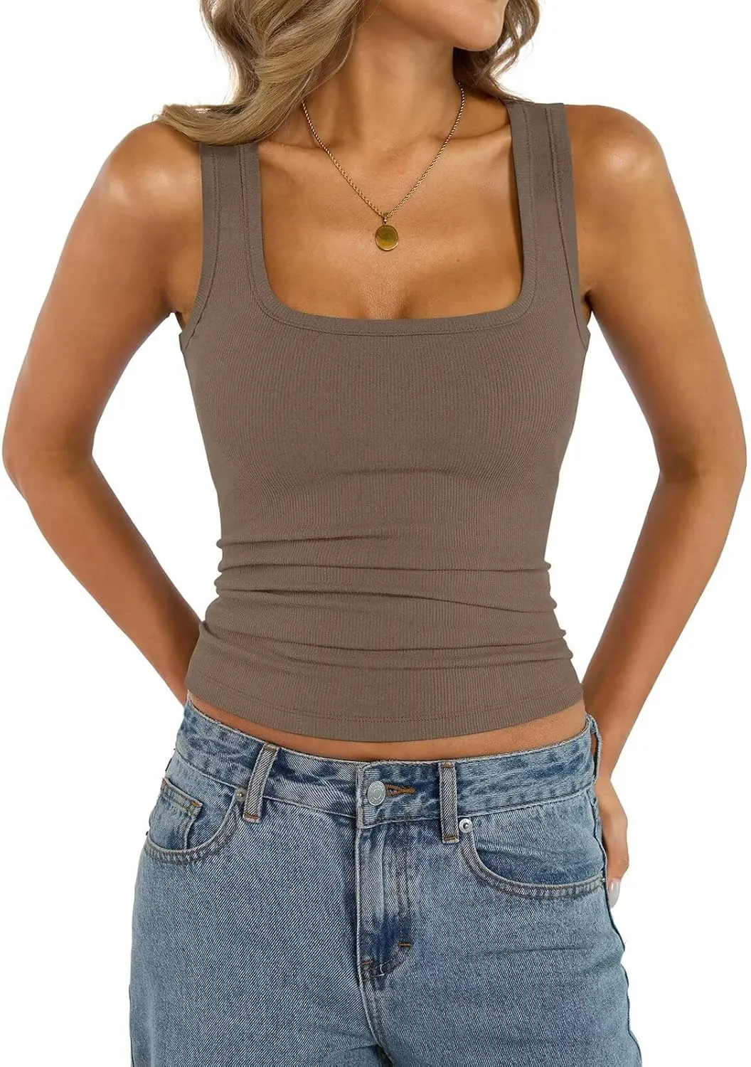 Womens Cotton Square Neck Ribbed Tank Tops Fitted Thin Shoulder Strap Sleeveless Basic Summer Cami Clothes 2025